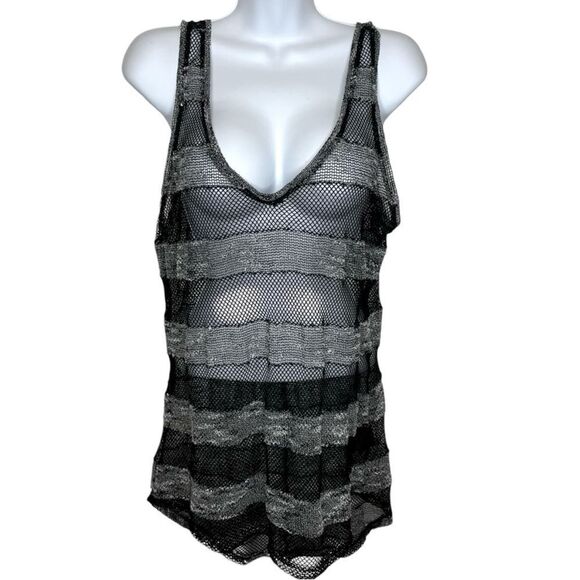 Guess See Through Mesh Sleeveless Striped Shirt Black and Gray Size Large - Picture 1 of 14
